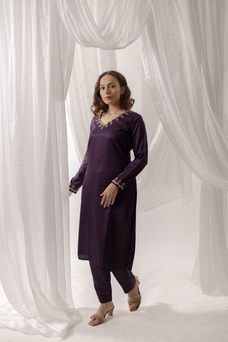 Hand Embroidered Royal Purple Kurta Set