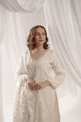 Cotton Satin V-Neck White Kurta Pant Set with dupatta