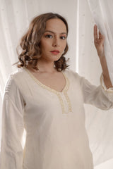 Zardosi White Pearl Handwork Kurta Pant Set 