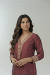 Brown hand embroidered straight kurta set