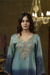 Blue ombre hand embroidered kurta set
