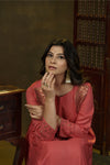 Coral pink metal hand embroidered anarkali set