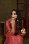 Coral pink metal hand embroidered anarkali set