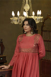 Coral pink metal hand embroidered anarkali set
