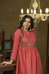 Coral pink metal hand embroidered anarkali set