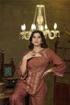 Brown hand embroidered jacket Kurta and spaghetti top set