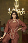 Brown hand embroidered jacket Kurta and spaghetti top set