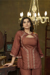 Brown hand embroidered jacket Kurta and spaghetti top set