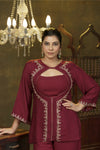 Magenta hand embroidered jacket Kurta and spaghetti top set