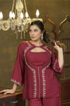 Magenta hand embroidered jacket Kurta and spaghetti top set