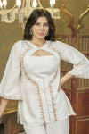 White hand embroidered jacket Kurta and spaghetti top set