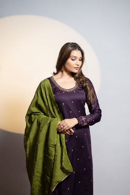 Violet and Army Green Handcrafted Kurta Set