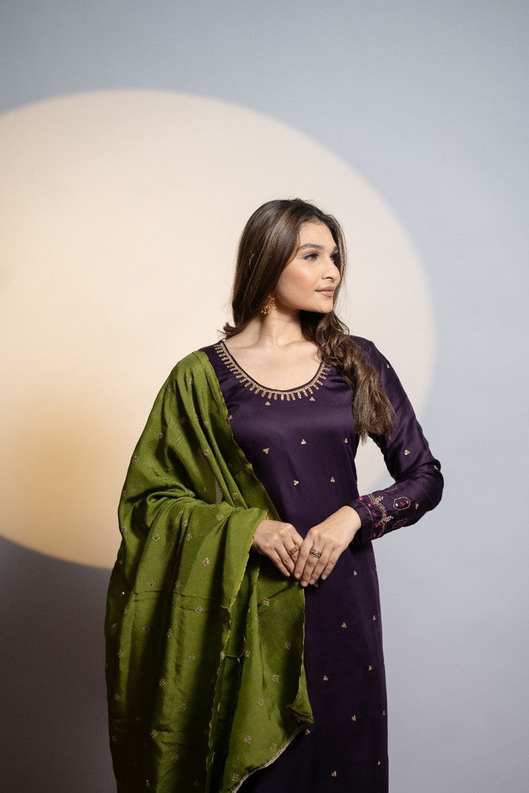 Violet and Army Green Handcrafted Kurta Set