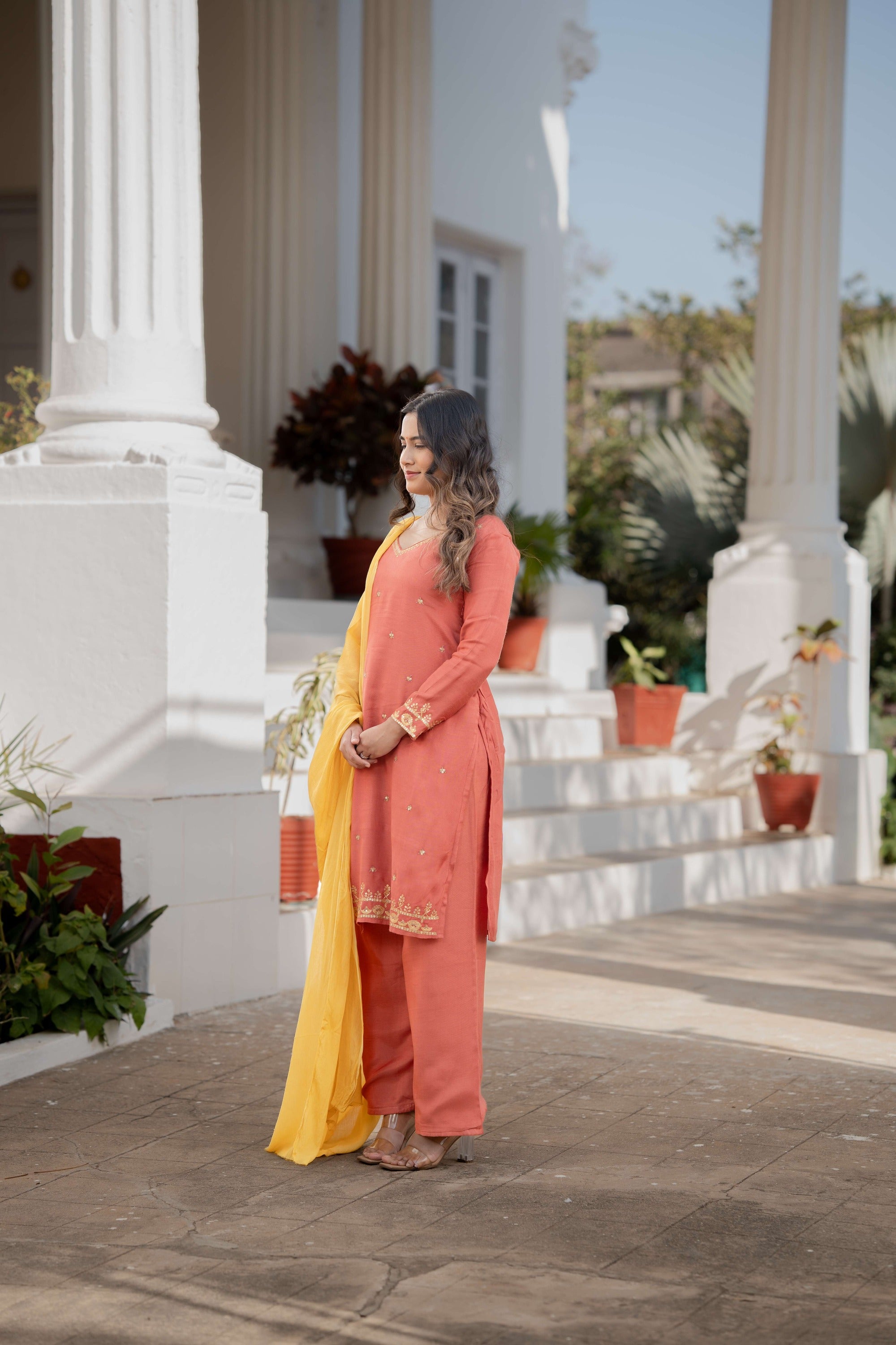 Buy Orange and Yellow straight Kurta Pant Set 