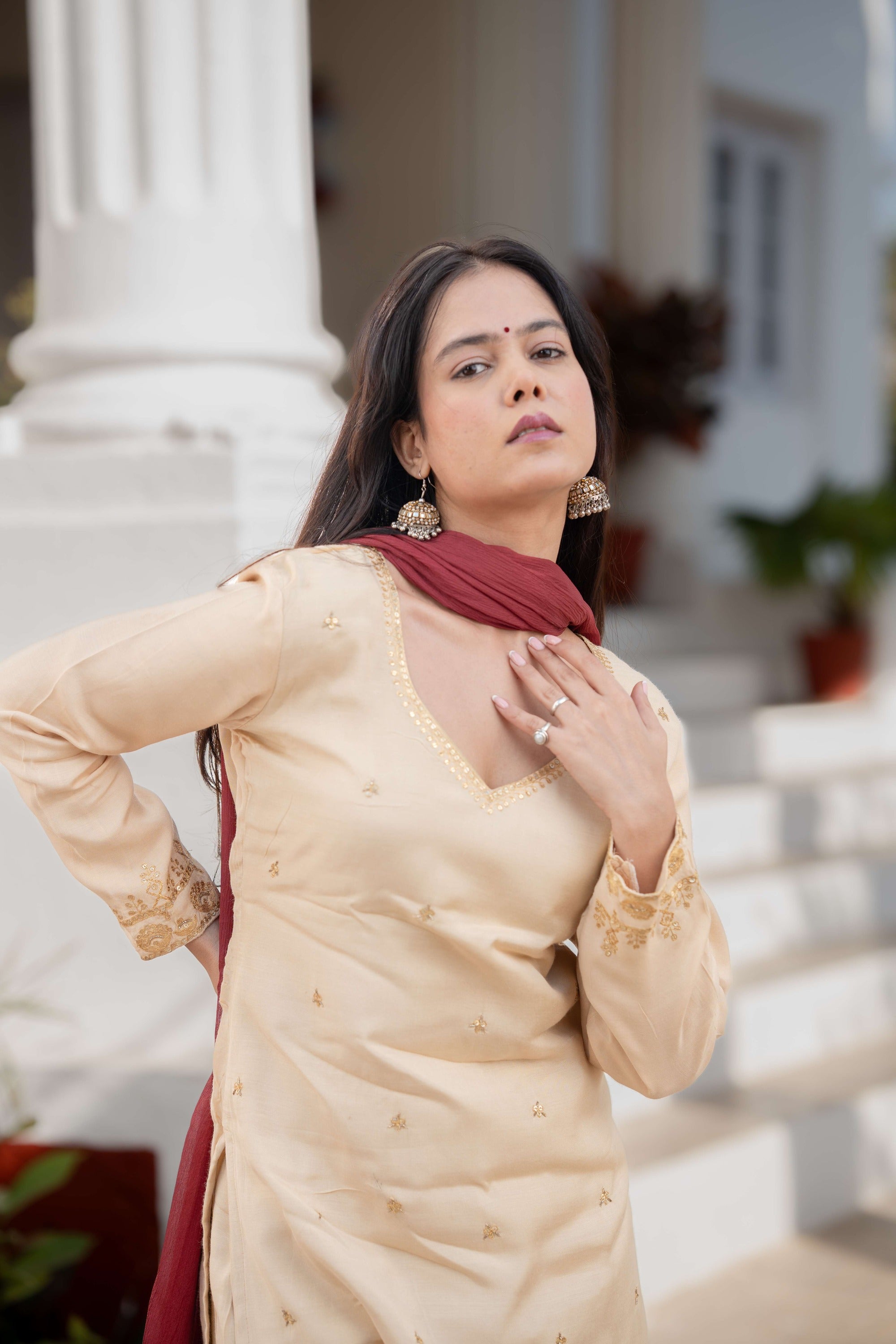 V neck Cream Straight Kurta Pant Set