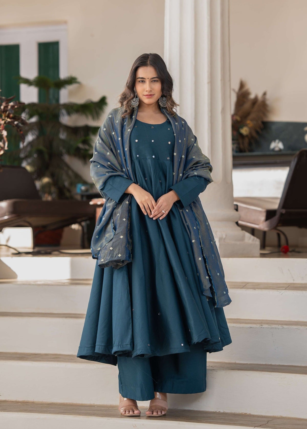 Teal blue anarkali set with dupatta