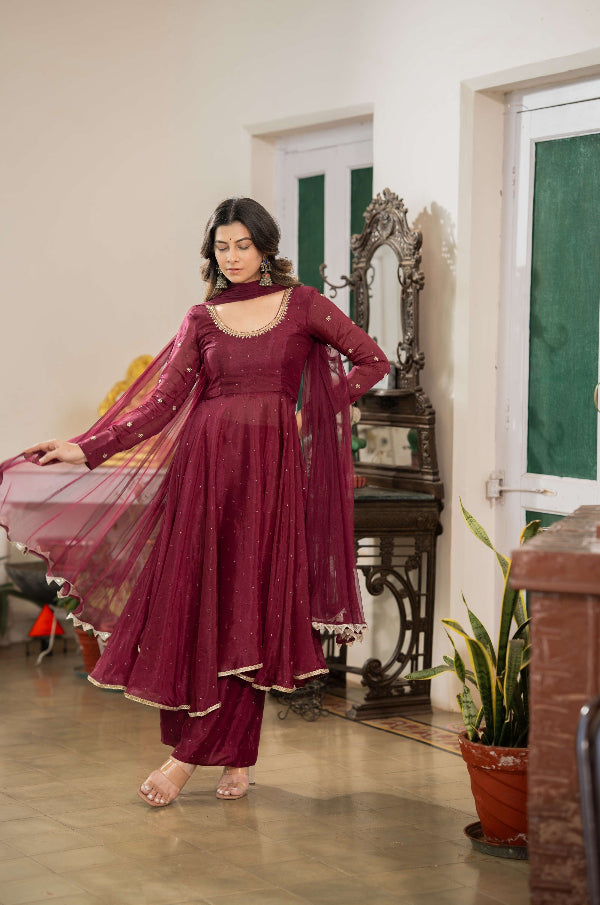 red anarkali dress Buy Wine Anarkali Set Online at Best Price – Meeshara