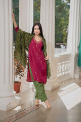 Magenta Kurta Pant Set with Banaras tissue silk dupatta