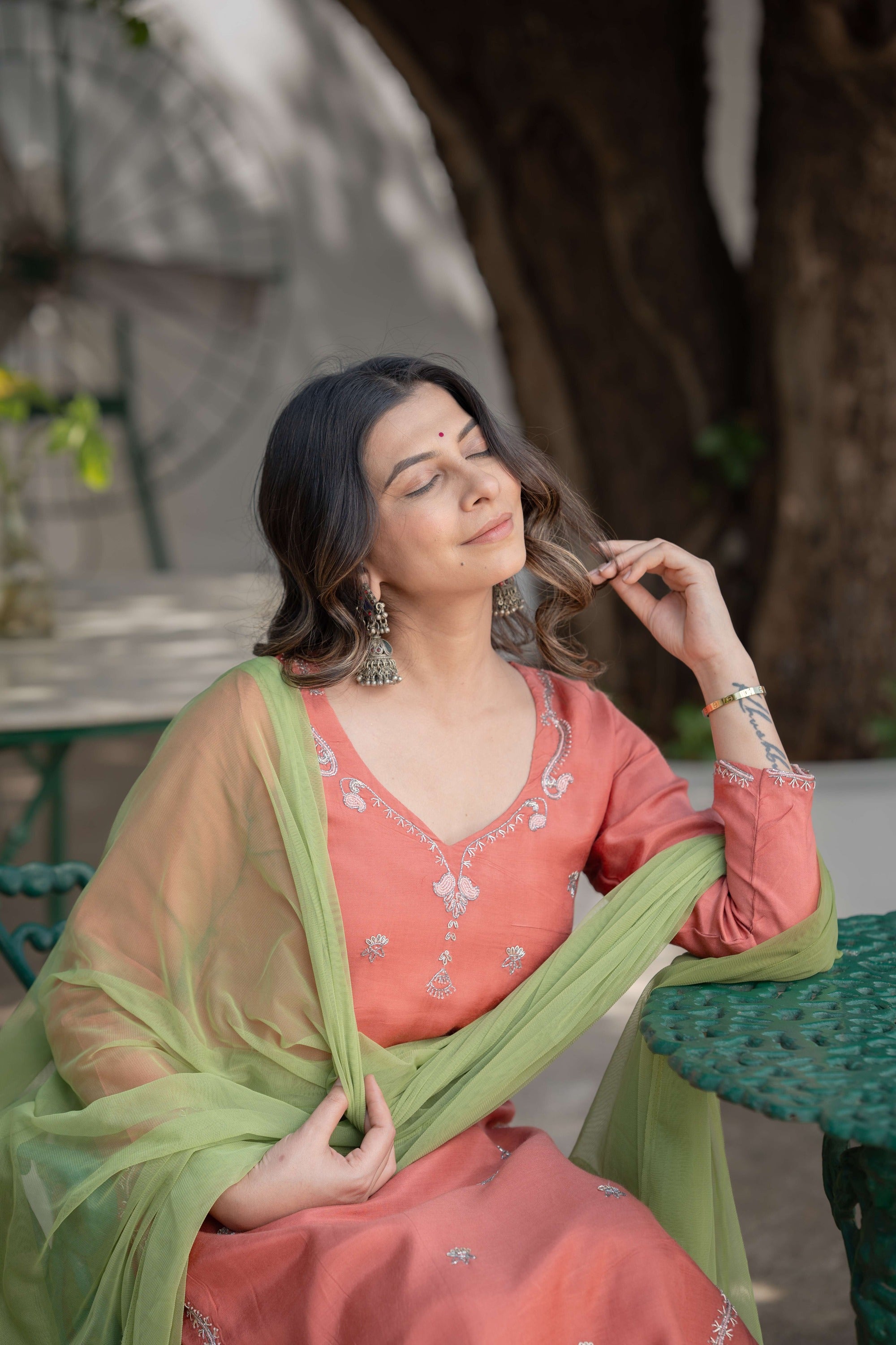 3/4 sleeve Kurta Pant Set with elegant hand embroidery 