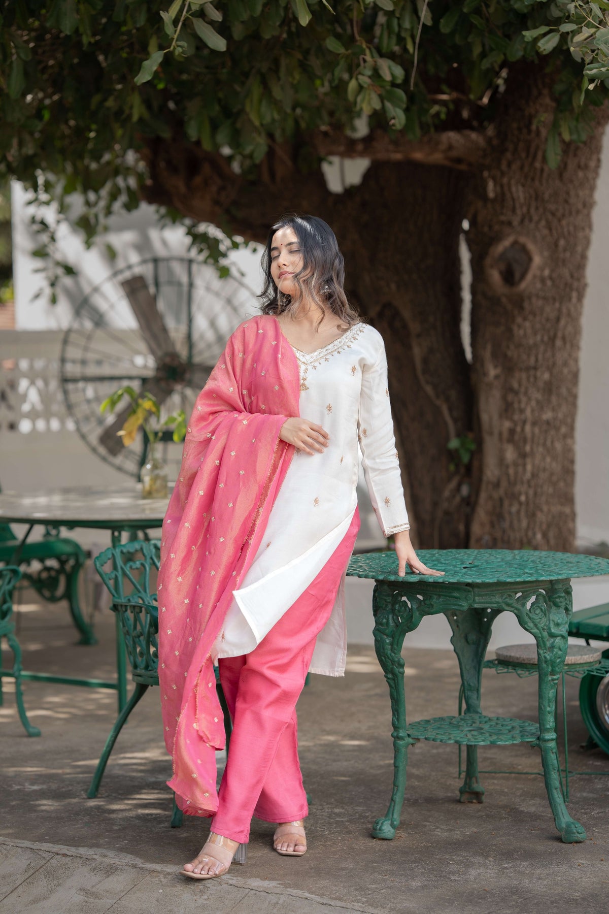 White Kurta Pant Set with Banaras tissue silk dupatta
