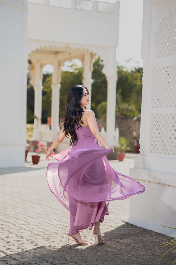 purple colour one piece dress Ditya Bandhani Printed Purple One Piece Dress Ombray