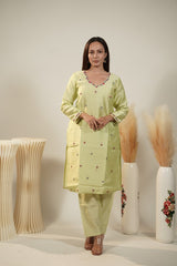 Green V-Neck Kurta set with Palazzo pant