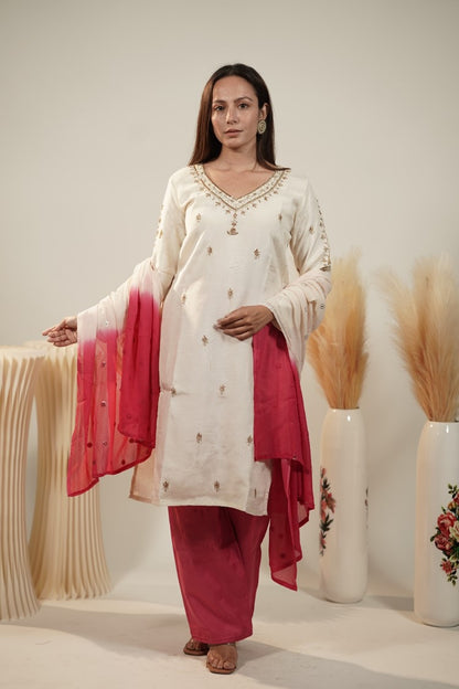 White and Pink Handcrafted Kurta Set