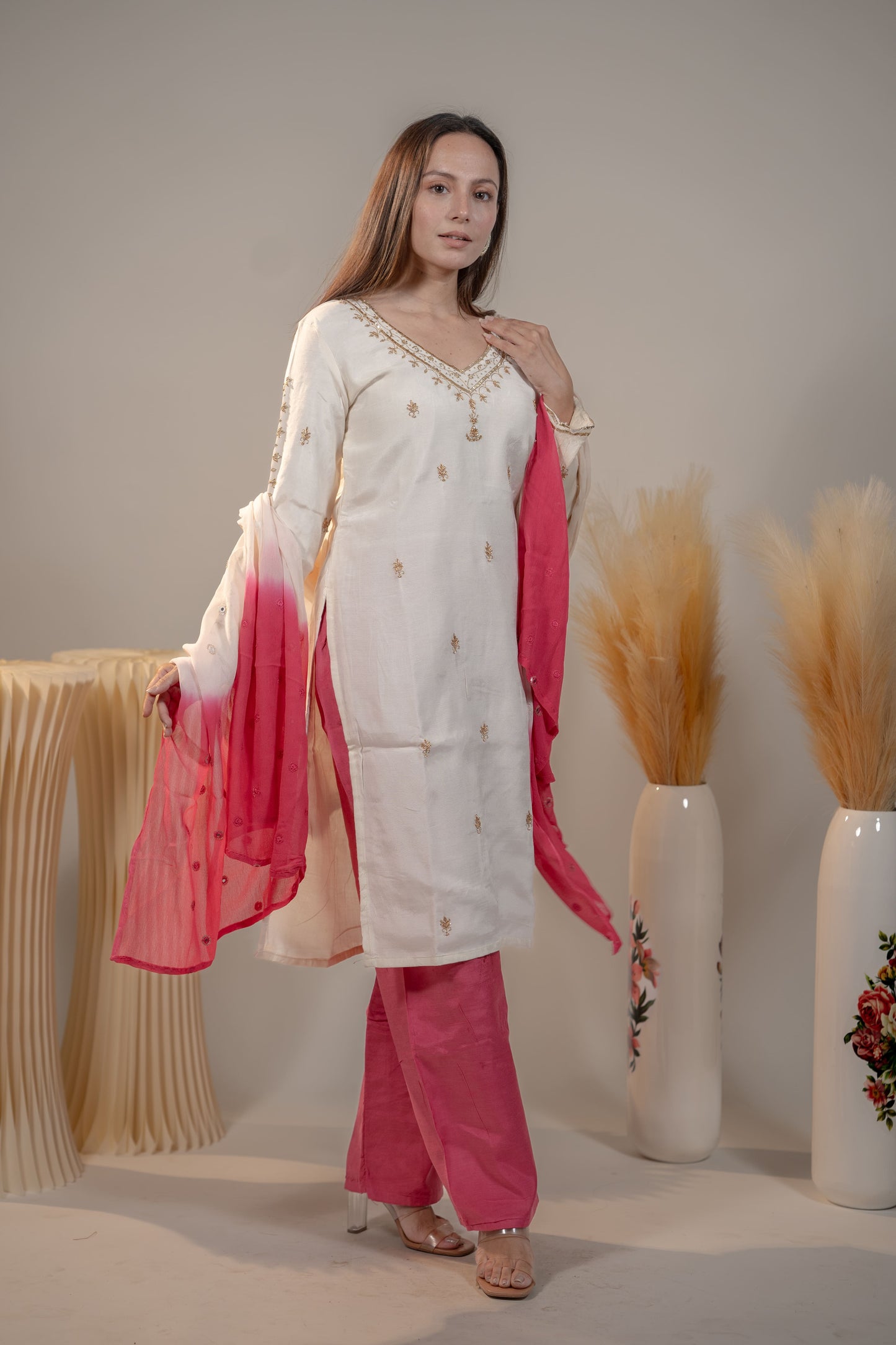 White and Pink Handcrafted Kurta Set