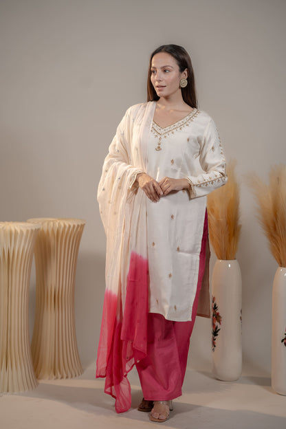 White and Pink Handcrafted Kurta Set