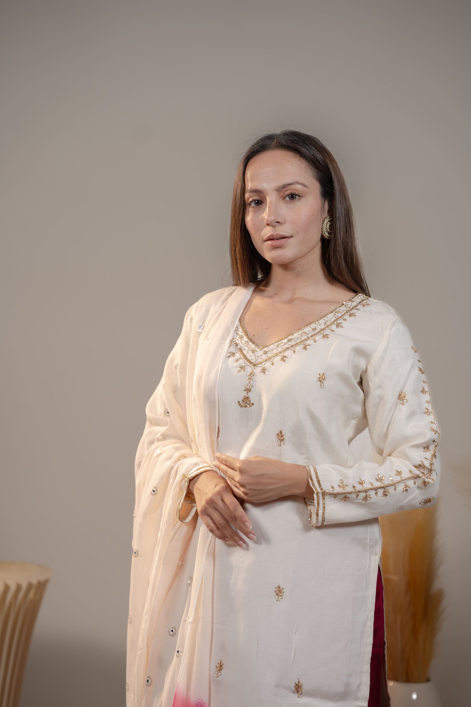 White and Pink Handcrafted Kurta Set