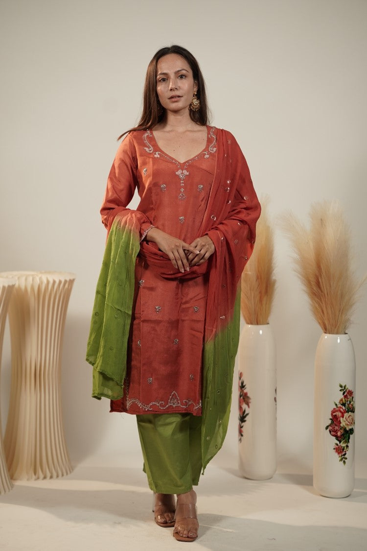 Orange and Green Zardosi Kurta Set