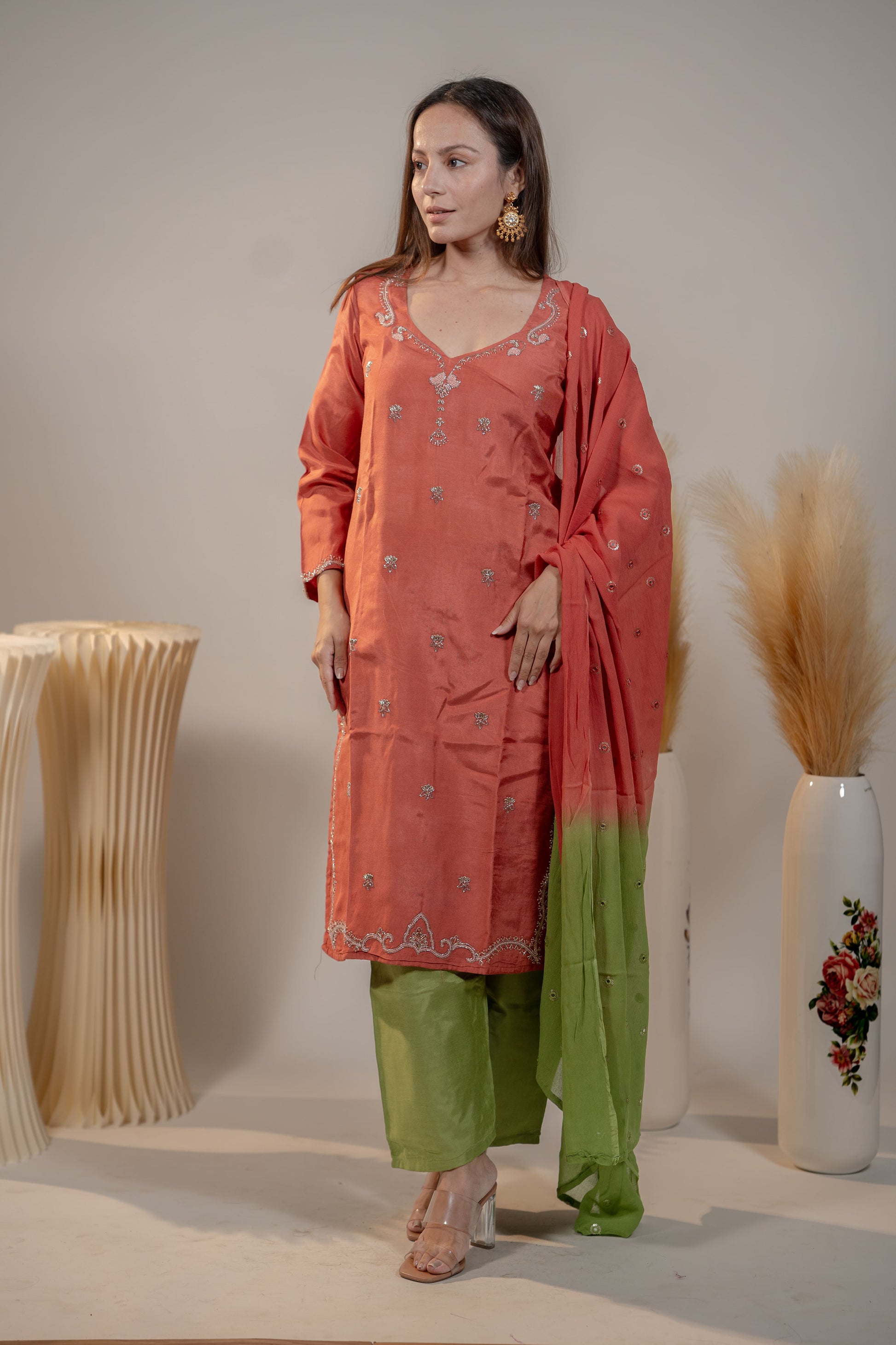 Orange and Green Zardosi Kurta Set