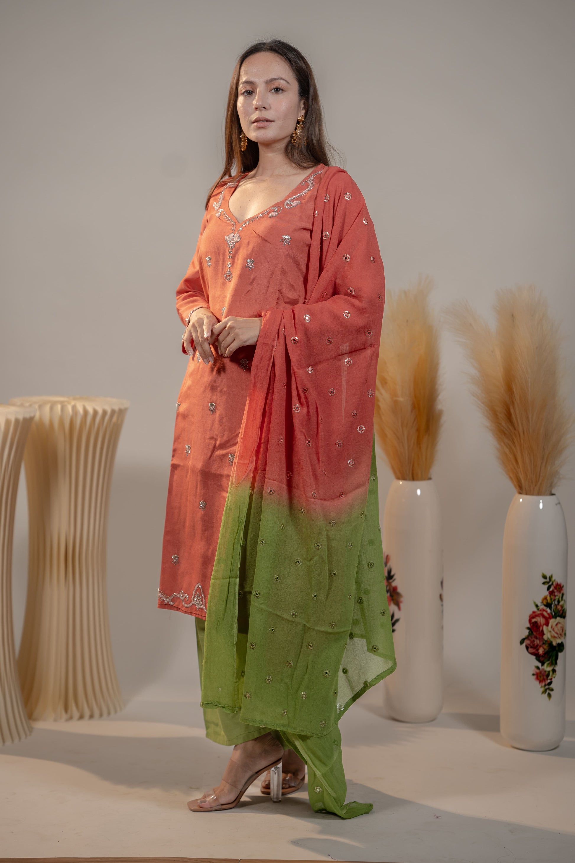 Orange and Green Zardosi Kurta Set