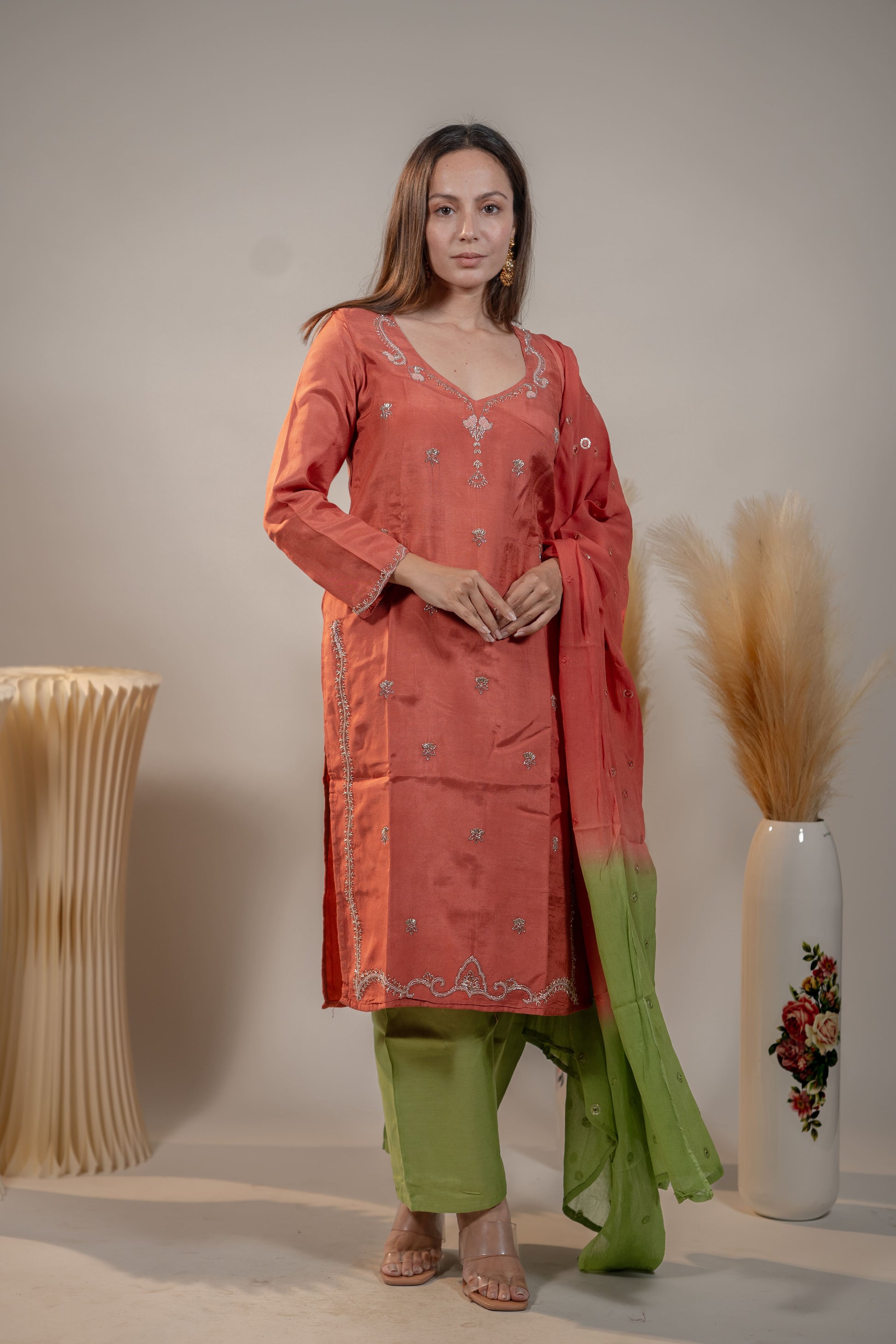 Orange and Green Zardosi Kurta Set