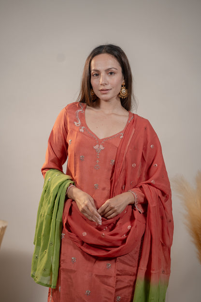 Orange and Green Zardosi Kurta Set