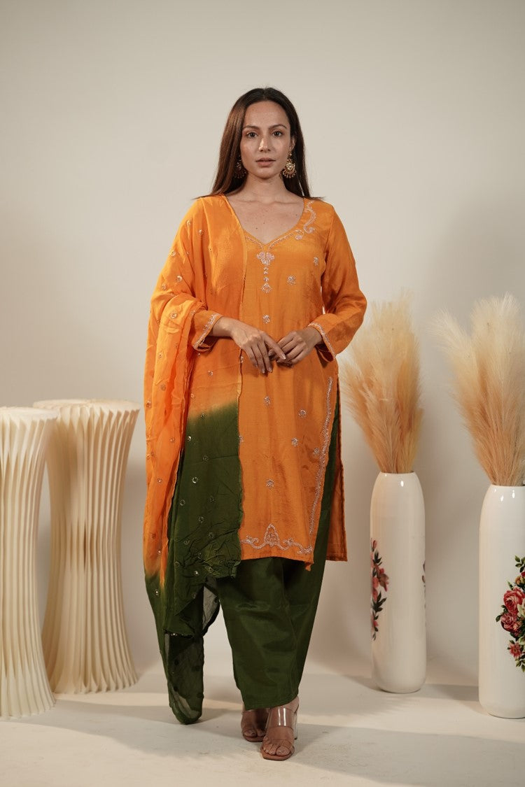 Orange and Green Zardosi Kurta Set