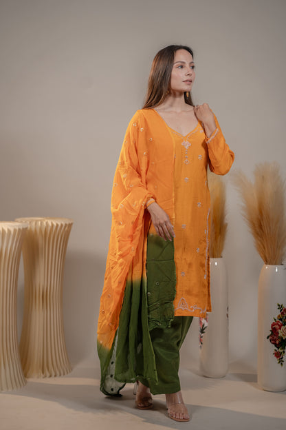 Orange and Green Zardosi Kurta Set