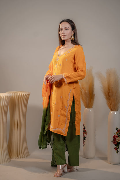 Orange and Green Zardosi Kurta Set