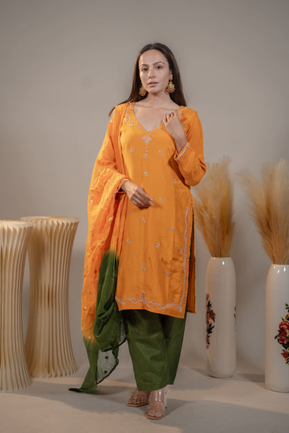 Orange and Green Zardosi Kurta Set