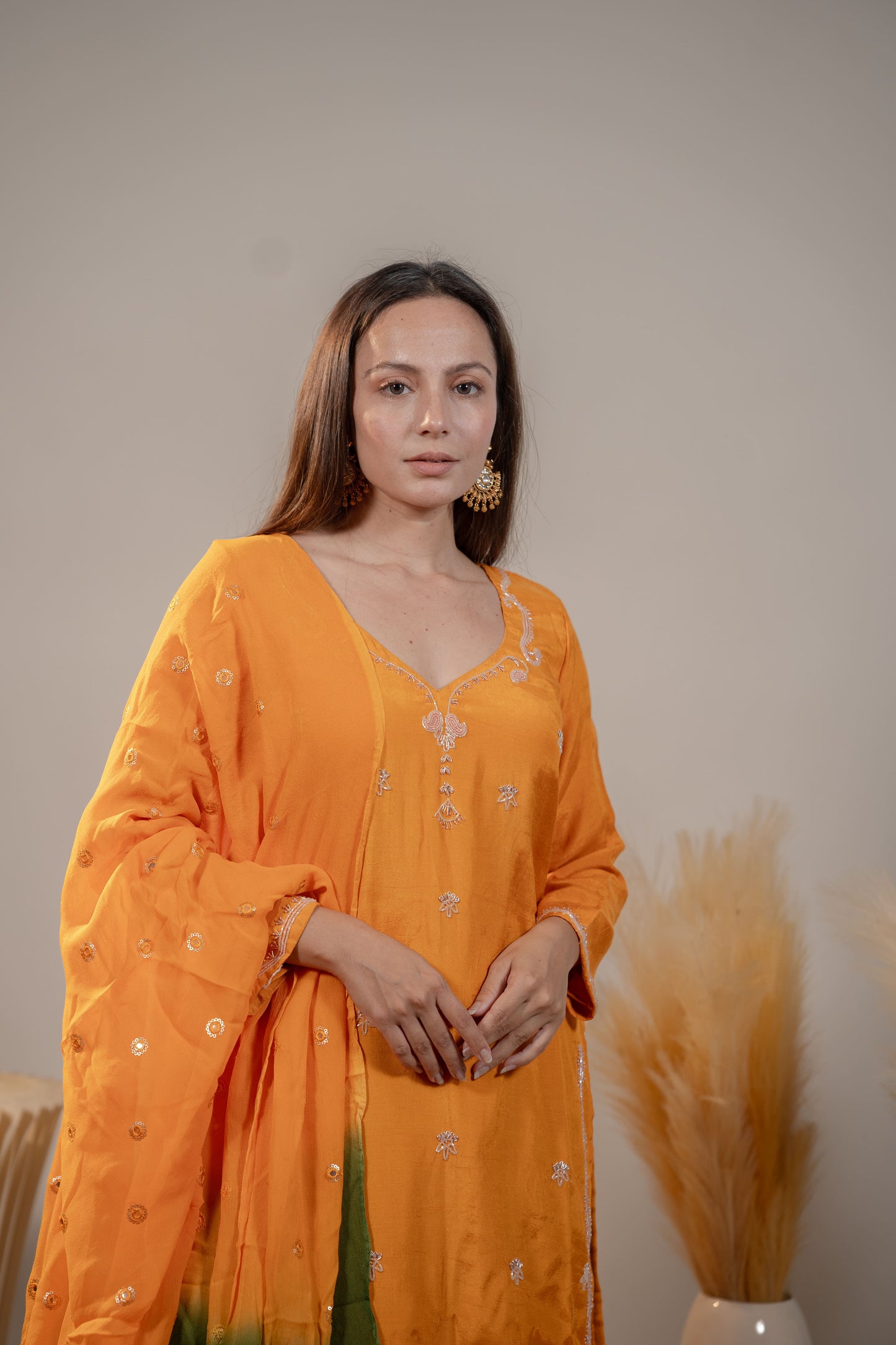 Orange and Green Zardosi Kurta Set