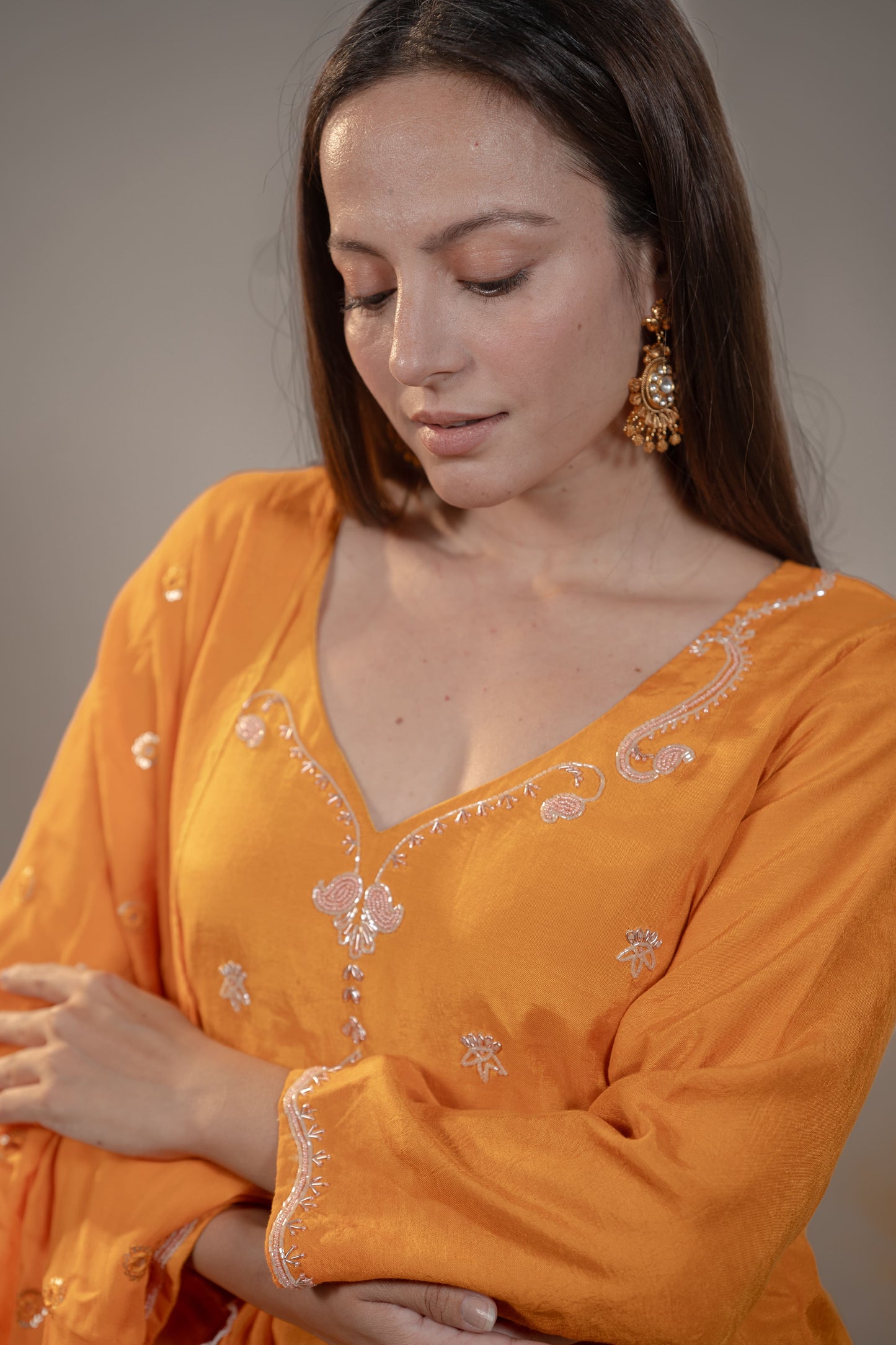 Orange and Green Zardosi Kurta Set