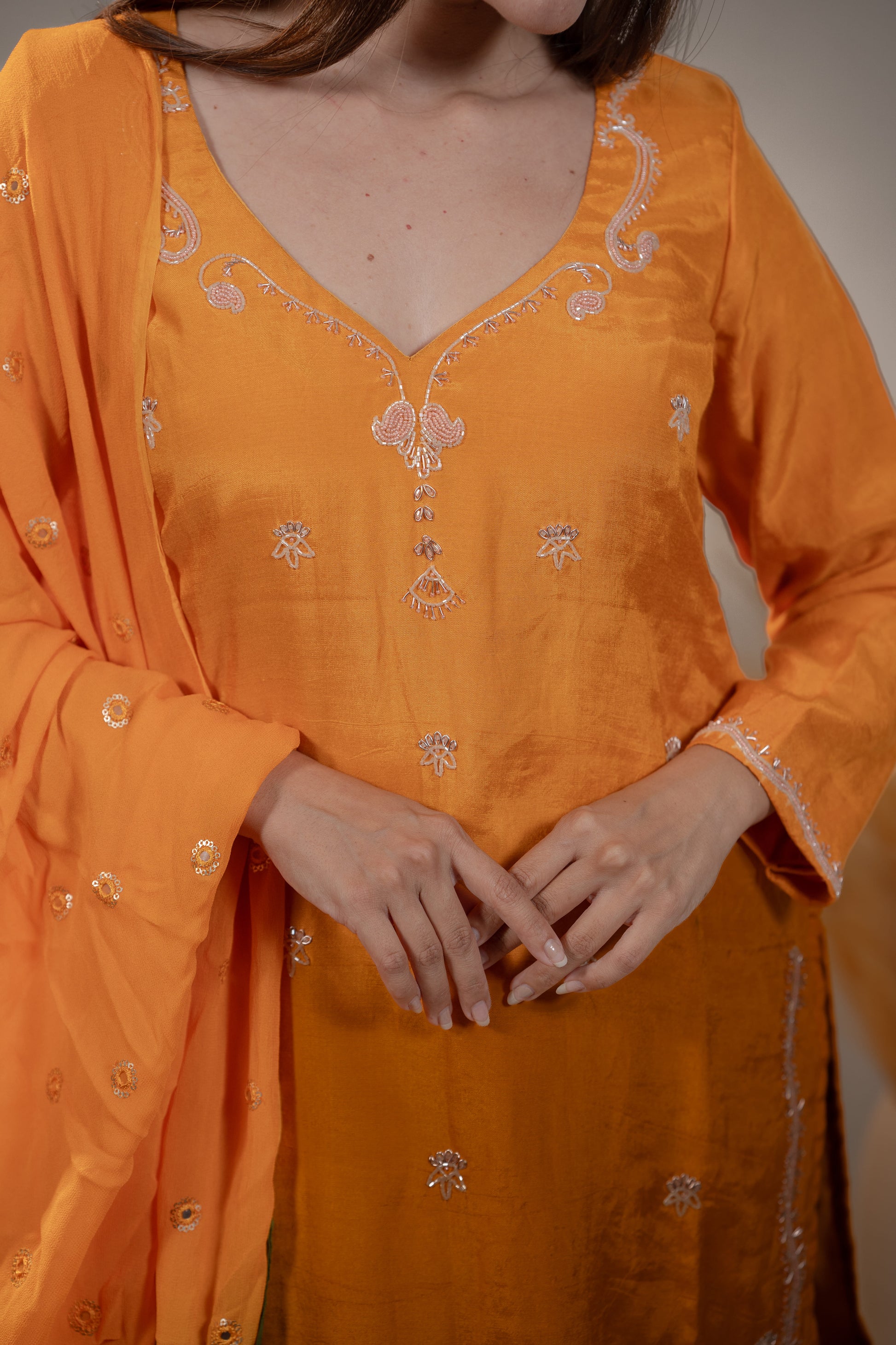 Orange and Green Zardosi Kurta Set