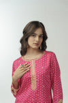 Rani pink bandhani hand embroidered straight kurta set