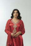 Cherry red hand embroidered a-line kurta set