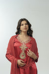 Cherry red hand embroidered a-line kurta set