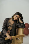 Jet black hand embroidered a-line kurta set
