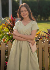 Elegant green Linen wrap dress for women 
