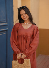 puff sleeves one piece linen midi dress