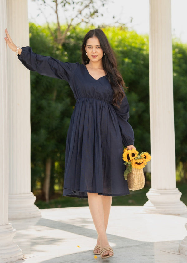 Midi Dress Navy Blue in Full Sleeve Style Party Wear Midi Online Meeshara Midi Dress Navy Blue in Full Sleeve Style Party Wear Midi Online Meeshara