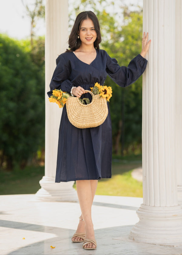 Midi Dress Navy Blue in Full Sleeve Style Party Wear Midi Online – Meeshara Midi Dress Navy Blue in Full Sleeve Style Party Wear Midi Online – Meeshara